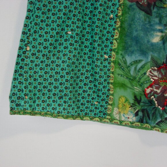 Green Floral Summer Midi Skirt Sequins Beads Cotton Made in France Size Medium - Picture 8 of 13